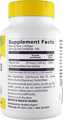 Витамин D3 (Vitamin D3) 1000 МЕ, Healthy Origins, 180 гелевых капсул