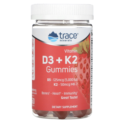 Жевательные мармеладки с витамином Д3 и K2 (Vitamin D3 + K2 Gummies) клубника, Trace Minerals, 60 жевательных мармеладок