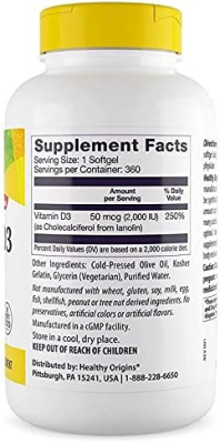 Витамин D3 (Vitamin D3) 2000 МЕ, Healthy Origins, 360 гелевых капсул