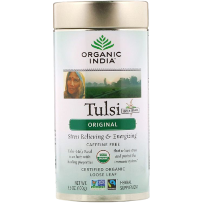 Листовой чай тулси, священный базилик, оригинальный вкус, без кофеина (Tulsi original holy basil), Organic India, 100 грамм