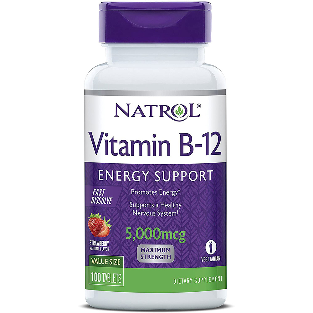 Витамин B12, быстрорастворимый, максимальная эффективность, клубника, 5000 мкг, 100 таблеток (Natrol