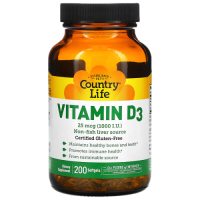 Витамин Д3 (Vitamin D3), 25 мкг (1000 МЕ), Country Life, 200 гелевых капсул