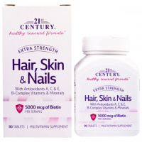 Добавка для волос, кожи и ногтей, повышенная сила действия (Extra Strength Hair, Skin & Nails), 21st Century, 90 таблеток