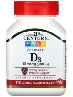 Витамин Д3 21 Сенчури с апельсиновым вкусом (Chewable Vitamin D3 21st Century), 10 мкг (400 МЕ), 110 таблеток
