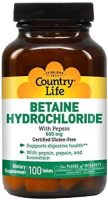 Кантри Лайф, гидрохлорид бетаина с пепсином, 600 мг, Country Life 100 таблеток