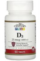 Витамин Д3 21st Century, 25 мкг (1000 МЕ), 60 таблеток