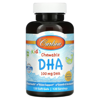 Жевательная ДГК для детей (Chewable DHA kid's) с насыщенным вкусом апельсина, 100 мг, Carlson Labs, 120 мягких желатиновых капсул