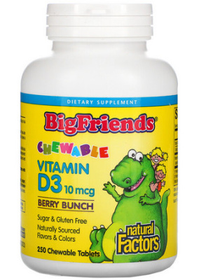 Жевательный витамин Д3 с ягодным вкусом Big Friends Natural Factors, 10 мкг, 250 жевательных таблеток