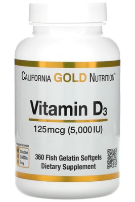 Витамин Д3 California Gold Nutrition, 125 мкг (5000 МЕ), 360 капсул из рыбьего желатина