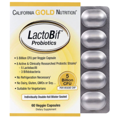 Пробиотическая смесь бактерий (LactoBif Probiotics 5 Billion CFU) 5 миллиардов КОЕ, California Gold Nutrition, 60 вегетарианских капсул