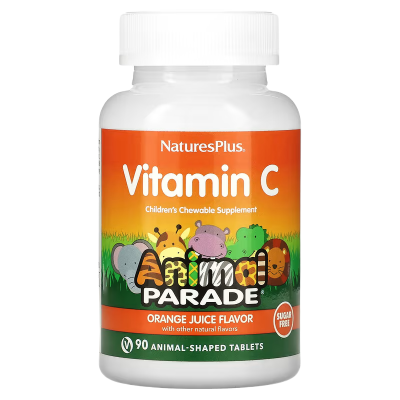 Nature's Plus, Source of Life, Animal Parade, витамин C, жевательная добавка без сахара для детей, вкус натурального апельсинового сока, 90 таблеток в форме животных