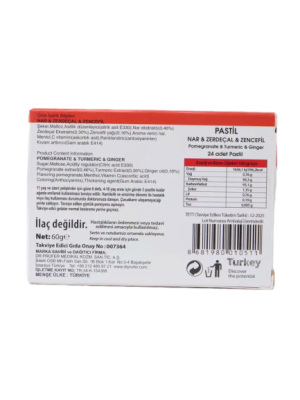 Пастилки гранат, куркума, имбирь (Pastil Nar & Zerdecal Zencefil Pomegranate & Turmeric & Ginger), Dr.Prüfer, 24 таблетки для рассасывания