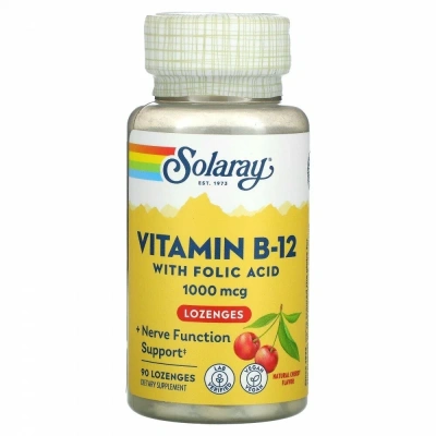 Витамин B-12 с фолиевой кислотой (Vitamin B-12 with Folic Acid) натуральная вишня, 1000 мкг, Solaray, 90 пастилок