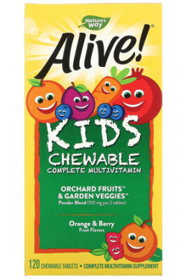 Nature's Way, Alive! Жевательные детские мультивитамины, со вкусом апельсина и ягод, 120 жевательных таблеток