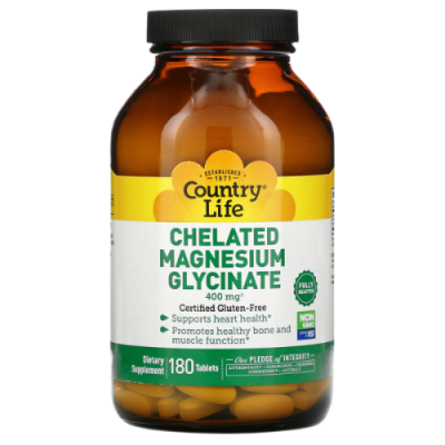 Хелатный глицинат магния  (Chelated Magnesium Glycinate) 400 mg Country Life 180 таблеток