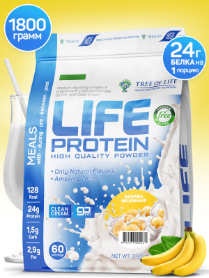 Протеин сывороточный и изолят,  Tree of Life Life Protein, банановый молочный коктейль, 60 порций, 1800 гр