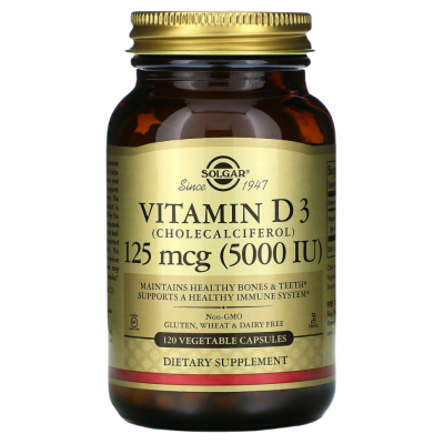 Витамин Д3, 125 мкг (5000 МЕ) Солгар, 120 вегетарианских капсул