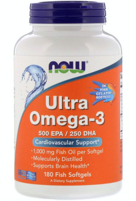 Ультра Омега-3 500 ЭПК/250 ДГК Нау Фудс (Ultra Omega-3 500 EPA/250 DHA Now Foods), 180 рыбных капсул