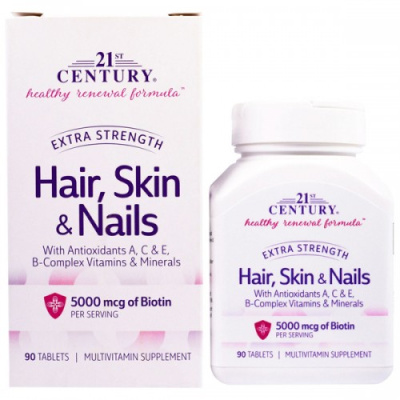Добавка для волос, кожи и ногтей, повышенная сила действия (Extra Strength Hair, Skin & Nails), 21st Century, 90 таблеток