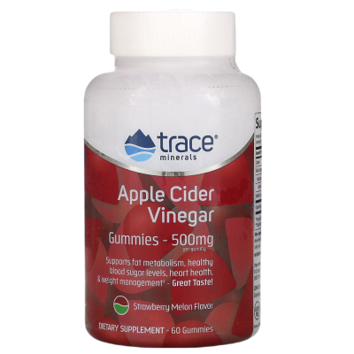 Жевательные мармеладки с яблочным уксусом (Apple Cider Vinegar) со вкусом клубники и дыни, 500 мг, Trace Minerals, 60 жевательных мармеладок