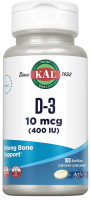 Витамин Д3 (Vitamin D-3) 10 мкг, KAL, 100 гелевых капсул