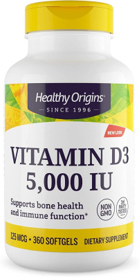 Витамин D3 (Vitamin D3) 5000 МЕ, Healthy Origins, 360 гелевых капсул